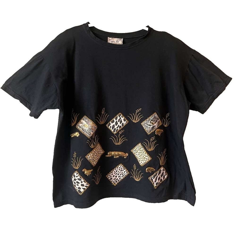 Y2K Leopard Print Embellished Crew Neck‎ Top 90s African Safari Sz. 18/20 F37